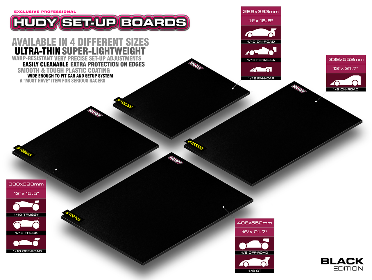 HUDY: FLAT SET-UP BOARD FOR 1/10 OFF-ROAD - LIGHTWEIGHT - BLACK
