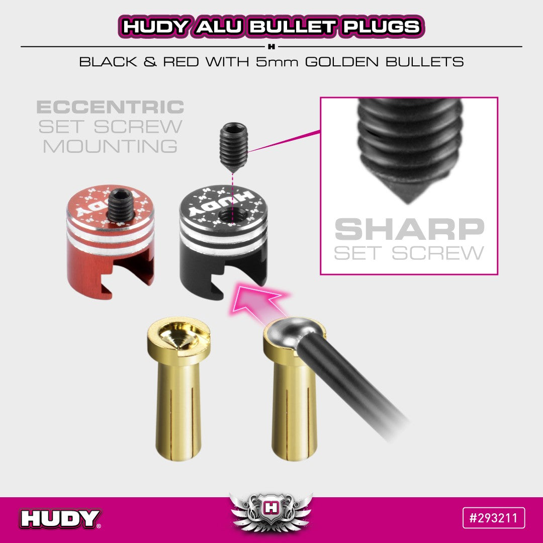 HUDY ALU BULLET PLUG BLACK & RED WITH 5MM GOLDEN BULLETS - SET