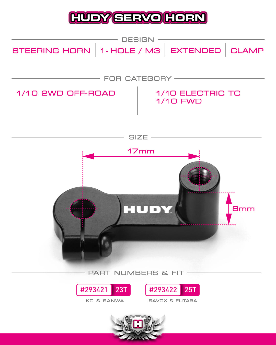 HUDY ALU CLAMP STEERING SERVO HORN - EXTENDED 8mm - FUTABA, SAVOX - 25T