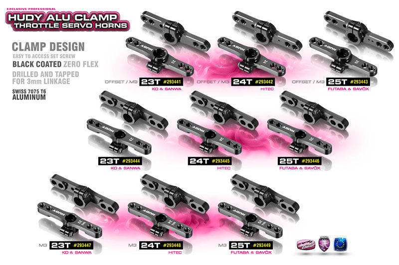HUDY: ALU CLAMP THROTTLE SERVO HORN - FUTABA, SAVÖX - 2-HOLE M3 - 25T
