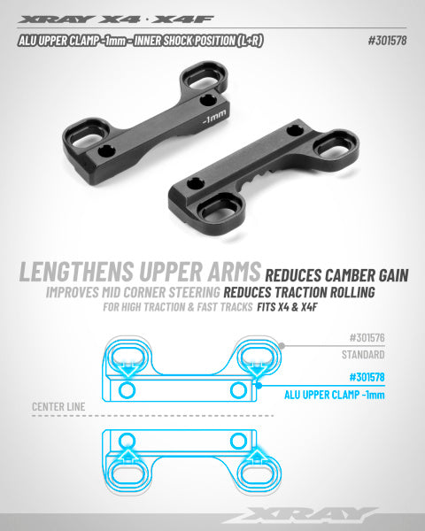 XRAY: X4 ALU UPPER CLAMP -1MM - INNER SHOCK POSITION - SWISS 7075 T6 (L+R)