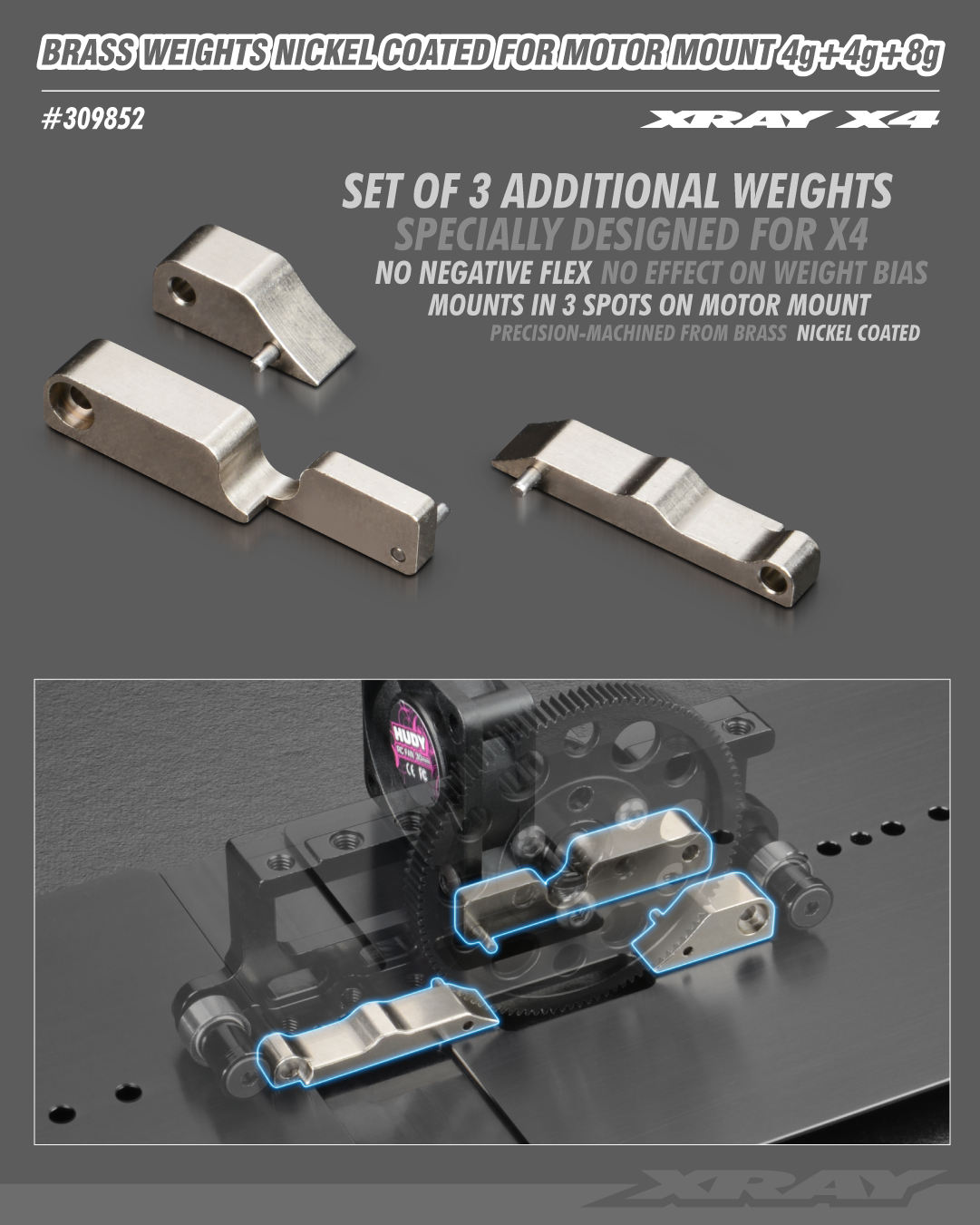 XRAY: X4 BRASS WEIGHT NICKEL COATED FOR MOTOR MOUNT 4g+4g+8g