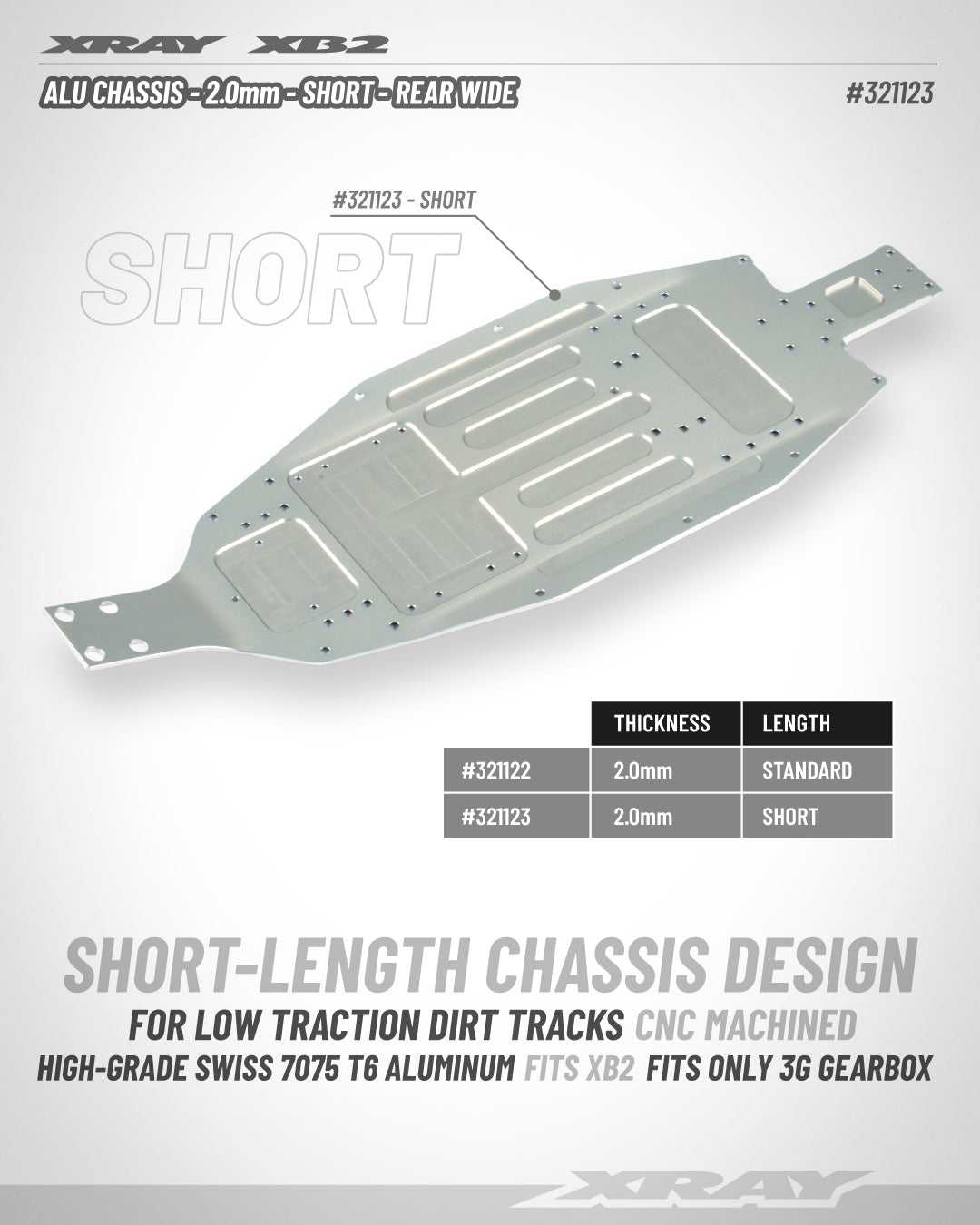 XRAY XB2 ALU CHASSIS - 2.0MM - SHORT - REAR WIDE - SWISS 7075 T6