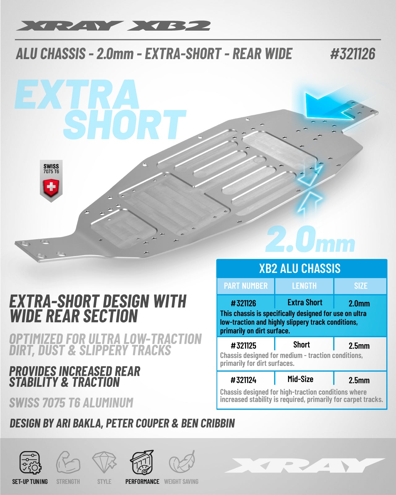 XRAY XB2 ALU CHASSIS - 2.0MM - EXTRA-SHORT - REAR WIDE - SWISS 7075 T6