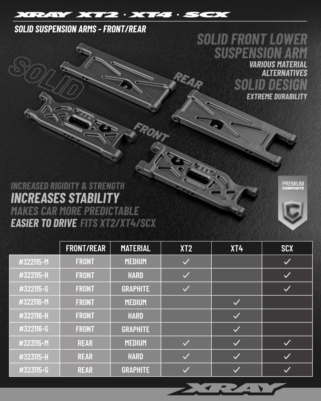 XRAY: XT2 COMPOSITE SUSPENSION ARM FRONT LOWER - SOLID - GRAPHITE