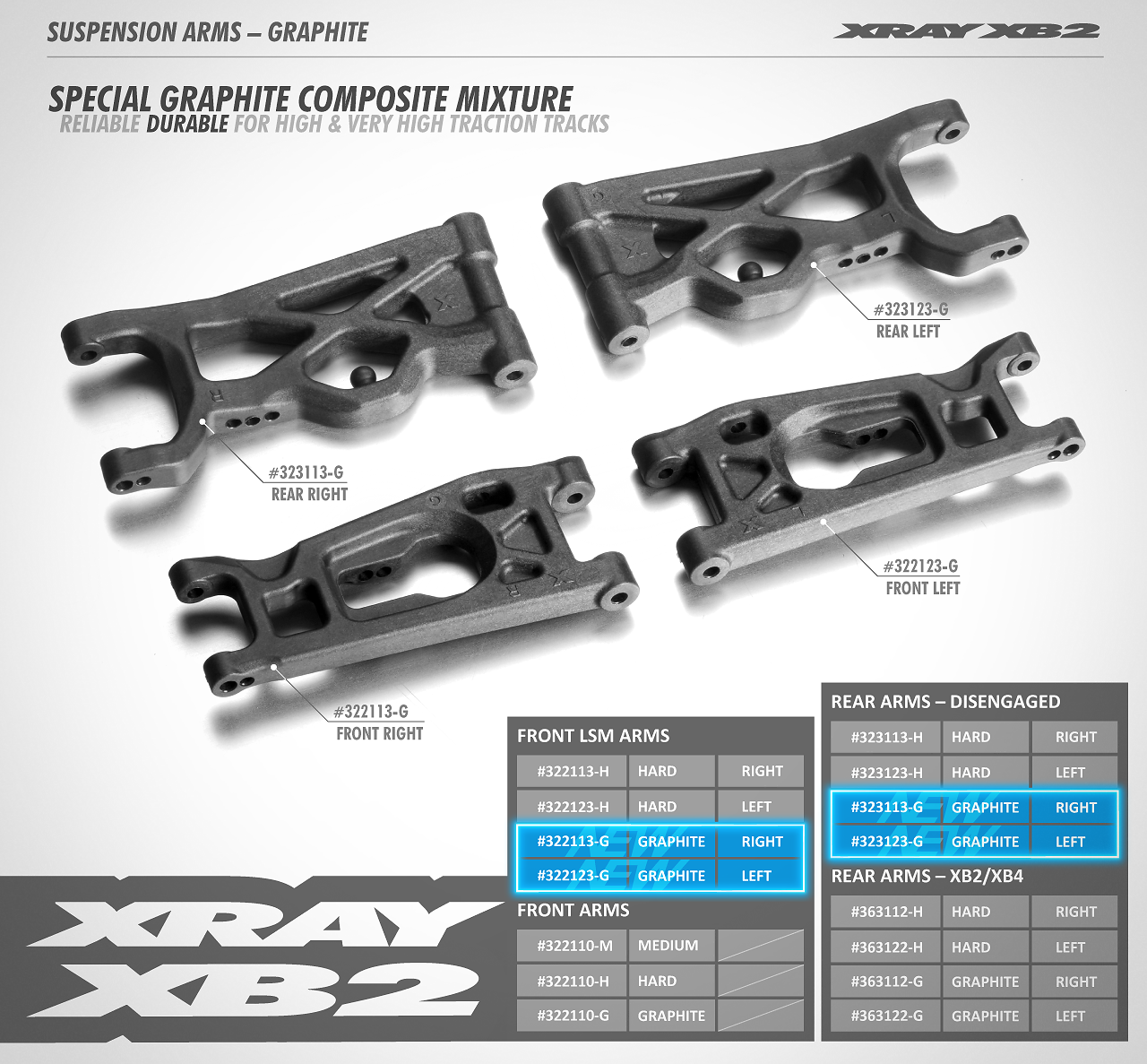 XRAY: COMPOSITE DISENGAGED SUSPENSION ARM REAR LOWER LEFT - HARD