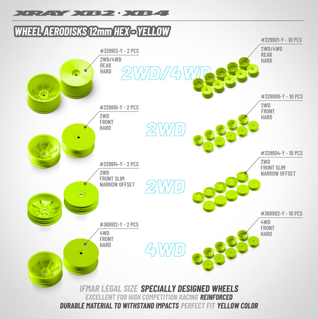 XRAY: 2WD/4WD REAR WHEEL AERODISK WITH 12MM HEX IFMAR - YELLOW - HARD (2)