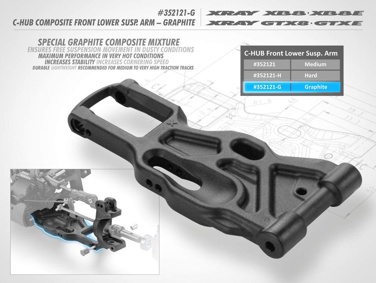 XRAY: XB8 C-HUB COMPOSITE FRONT LOWER SUSPENSION ARM - GRAPHITE