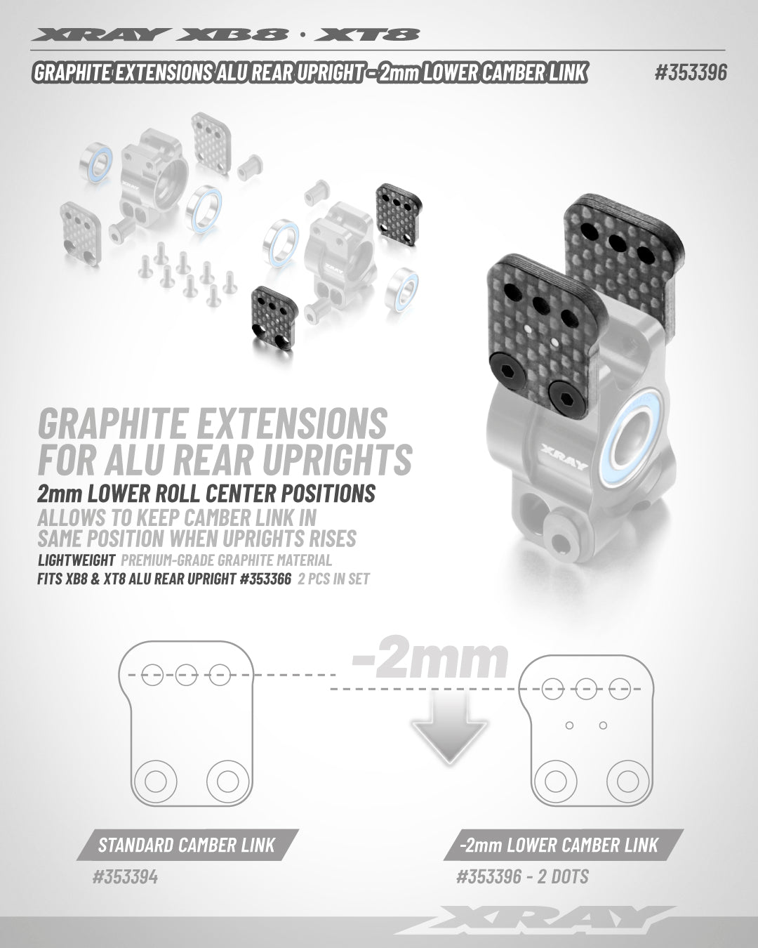 XRAY GRAPH. EXTENSION ALU REAR UPRIGHT - 2MM LOWER CAMBER LINK - 2 DOTS (1+1)