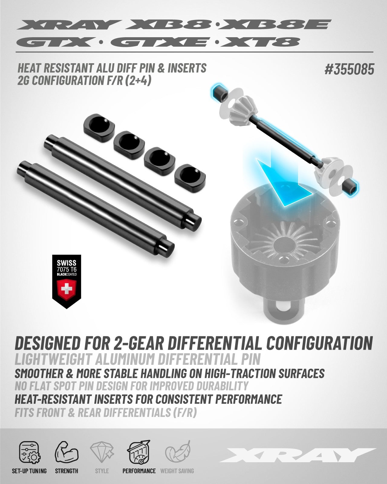 XRAY HEAT RESISTANT ALU DIFF PIN & INSERTS - 2G CONFIG. F/R (2+4)