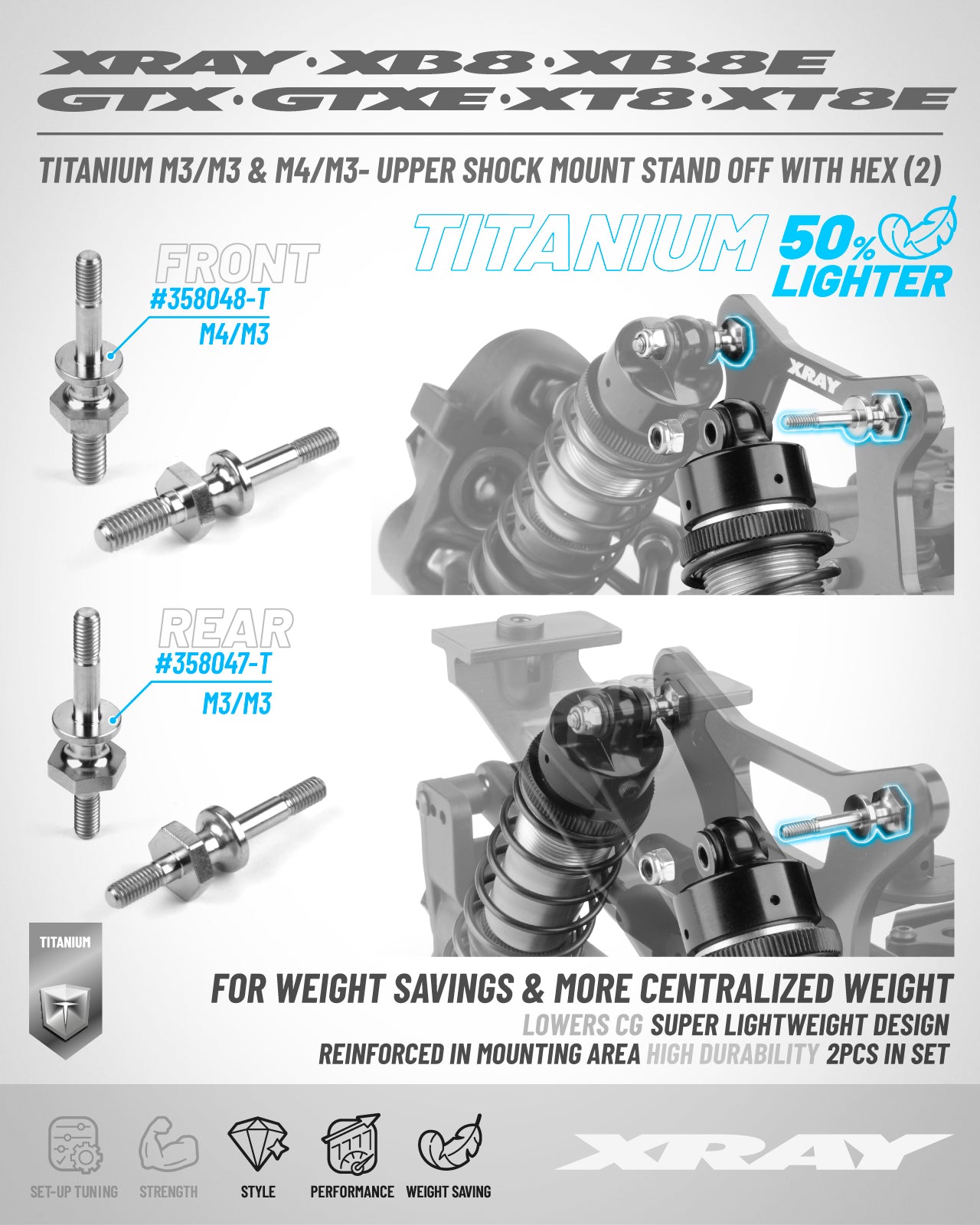 XRAY TITANIUM M4/M3 UPPER SHOCK MOUNT STAND OFF WITH HEX (2)