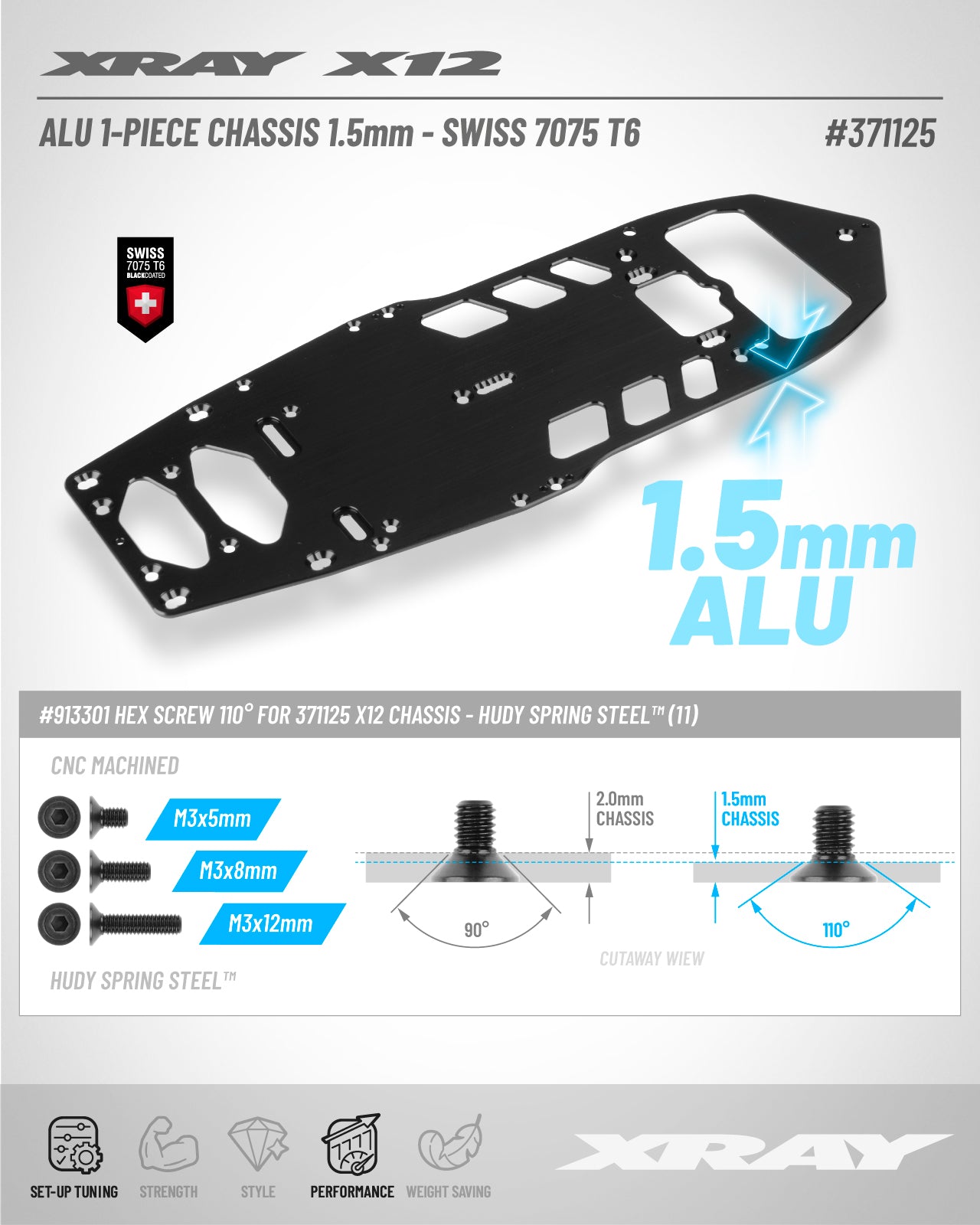 XRAY X12 ALU 1-PIECE CHASSIS FOR FLOATING SERVO - 1.5MM - SWISS 7075 T6