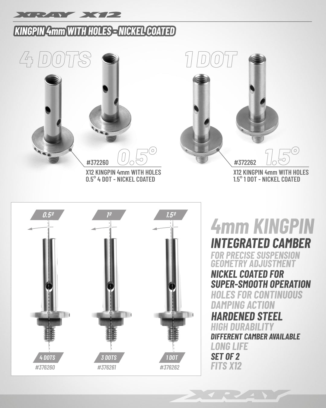 XRAY X12 KINGPIN 4MM WITH HOLES - 0.5° - 4 DOTS - NICKEL COATED (2)