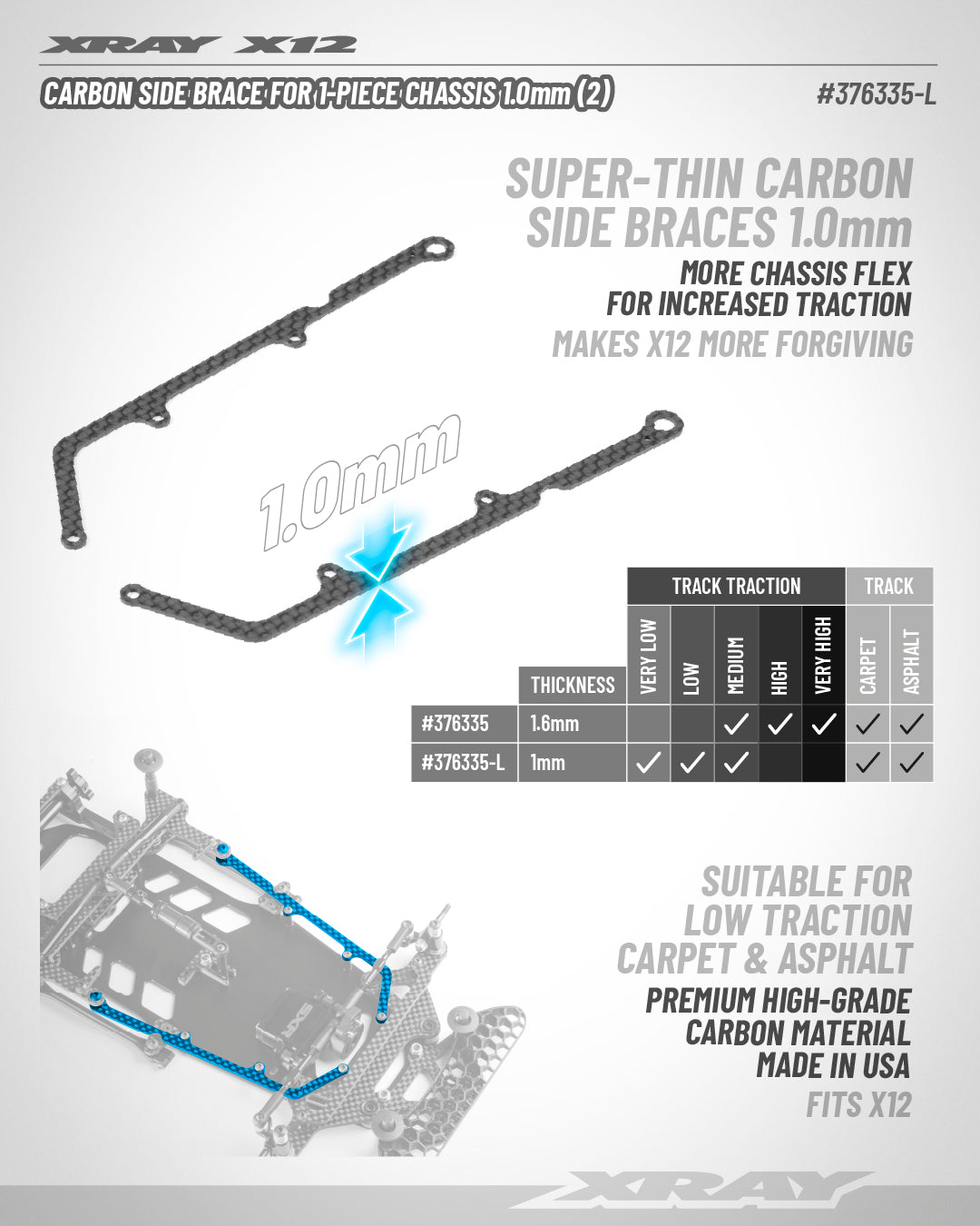 XRAY X12 CARBON SIDE BRACE FOR 1-PIECE CHASSIS 1.6MM (2)