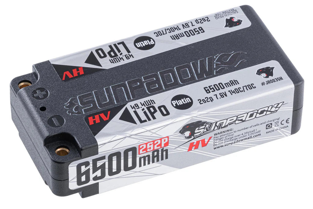 SUNPADOW: Platin HV 6500mAh 7.6V 2S 140/70C Shorty LiPo (5mm Bullets)