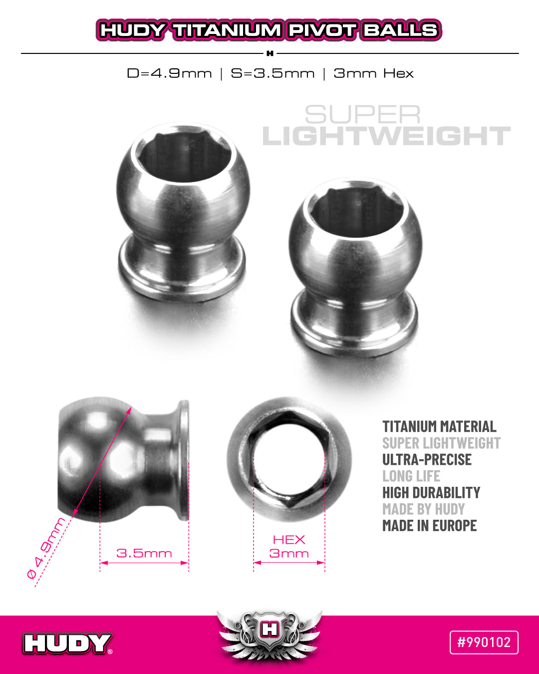 HUDY TITANIUM PIVOT BALL D=4.9 / S=3.5 / 3MM HEX (2)