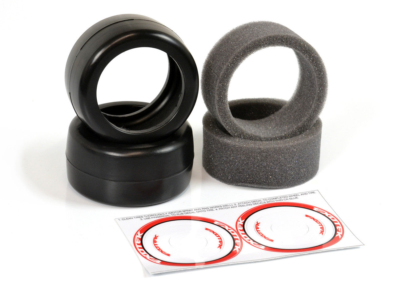EXOTEK Racing: F1 1/10 RUBBER TIRES- FRONT v2 38X (RED-MEDIUM) 1 pair belted rubber tires with foams
