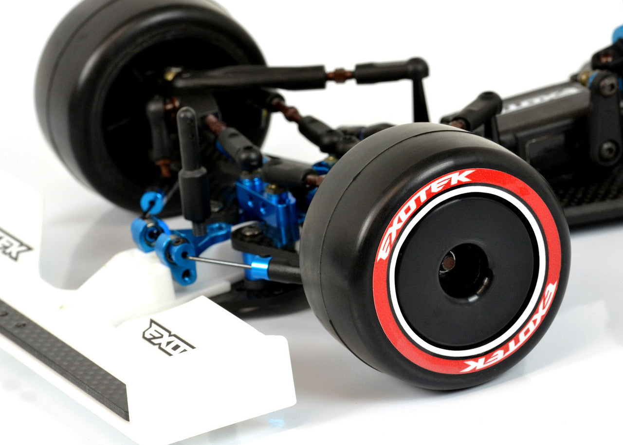 EXOTEK Racing: F1 1/10 RUBBER TIRES- FRONT v2 38X (RED-MEDIUM) 1 pair belted rubber tires with foams