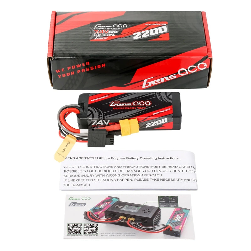 GENS ACE 2200mAh 2S 7.4V 60C Hardcase Lipo Battery with EC3 Plug