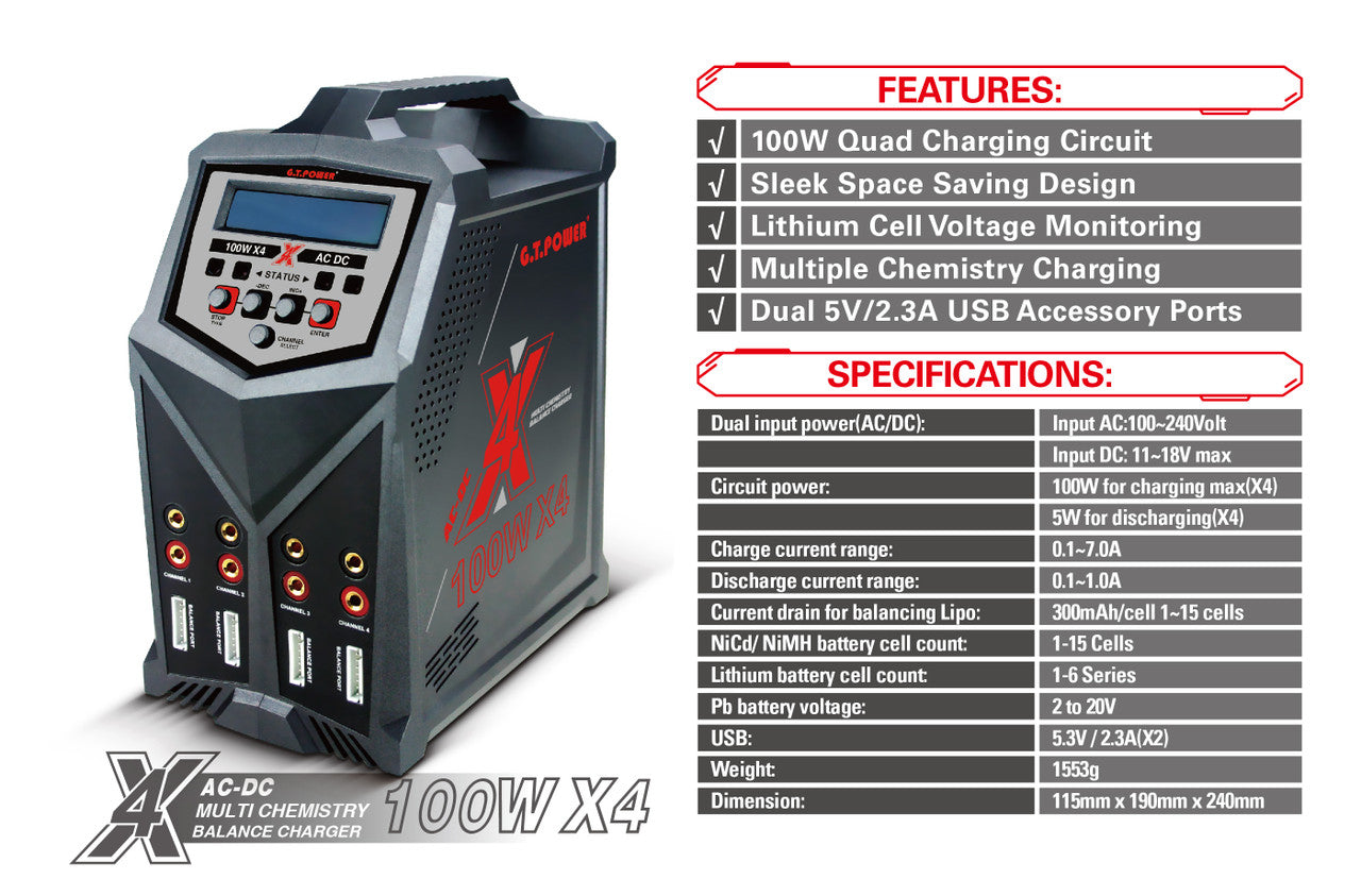GT Power X4 Quad charger 4X100W AC/ DC