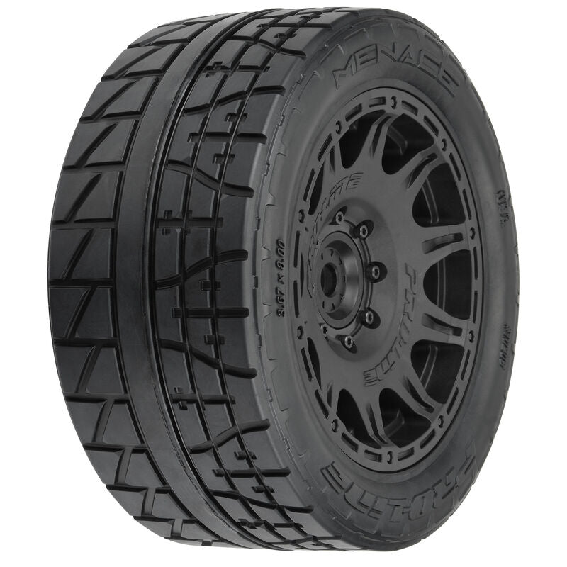 PRO-LINE: Menace HP 5.7 inches Street BELTED Tires Mounted on Raid Black 8x48 Removable 24mm Hex Wheels (2) for X-MAXX, KRATON 8S & Other Large Vehicles Front or Rear