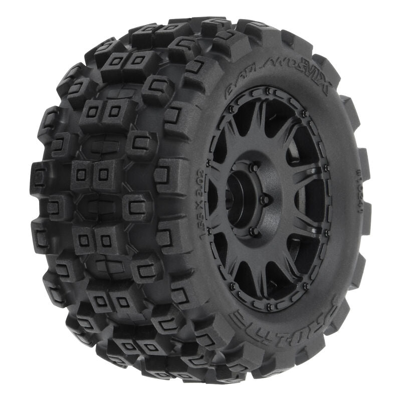 PRO-LINE: Badlands MX 1.85" All-Terrain Truck Tires (4) Mounted on Raid Black 12mm Hex Wheels for Granite GROM 4x4 Front or Rear