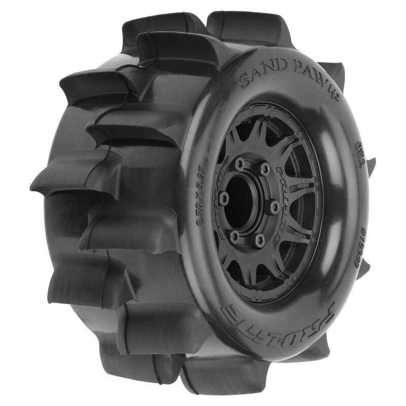 PRO-LINE: Sand Paw HP BELTED 2.8" Sand Truck Tires Mounted on Raid Black 6x30 Removable Hex (12mm & 14mm) Wheels (2)