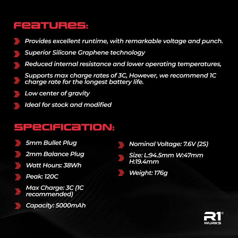 R1 WURKS 5000mah 120c 7.6v 2S HV LCG Shorty LiPo Battery, Silicon Graphene
