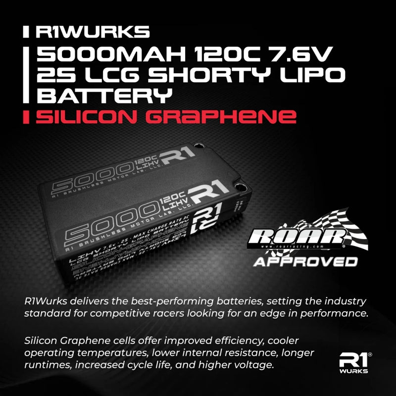 R1 WURKS 5000mah 120c 7.6v 2S HV LCG Shorty LiPo Battery, Silicon Graphene