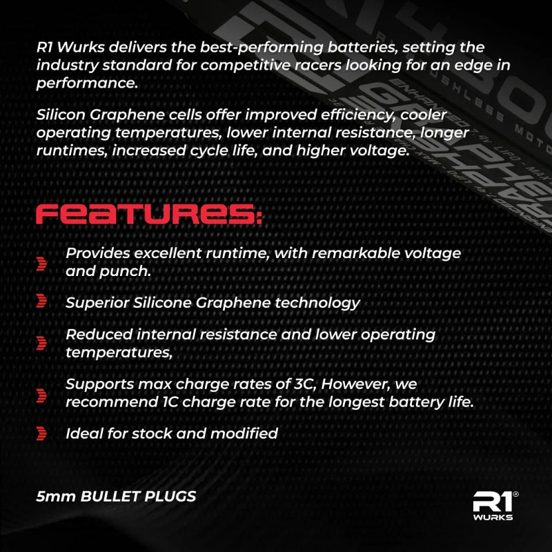 R1 WURKS 4800mAh 150c 7.4v 2S LCG Shorty Lipo Battery, Silicone Graphene