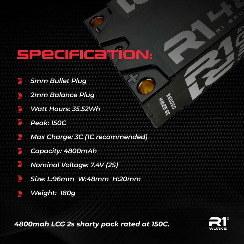 R1 WURKS 4800mAh 150c 7.4v 2S LCG Shorty Lipo Battery, Silicone Graphene
