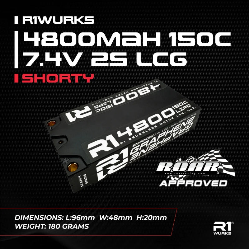R1 WURKS 4800mAh 150c 7.4v 2S LCG Shorty Lipo Battery, Silicone Graphene