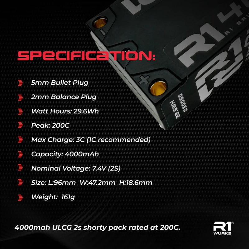 R1 WURKS 4000mah 200C 7.4V 2S ULCG Shorty Lipo Battery
