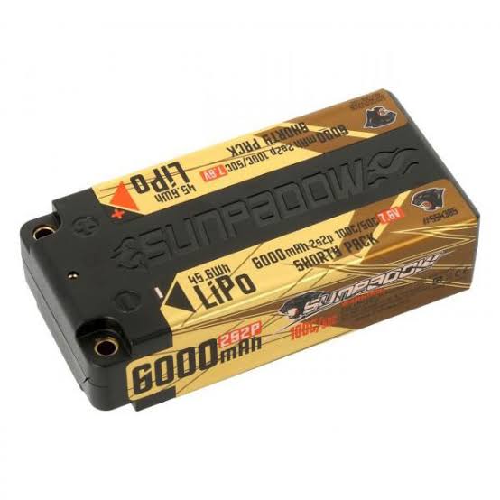 SUNPADOW: Golden 6000MAH 7.6V 2S 100/50C Shorty LiPo (5mm Bullets)