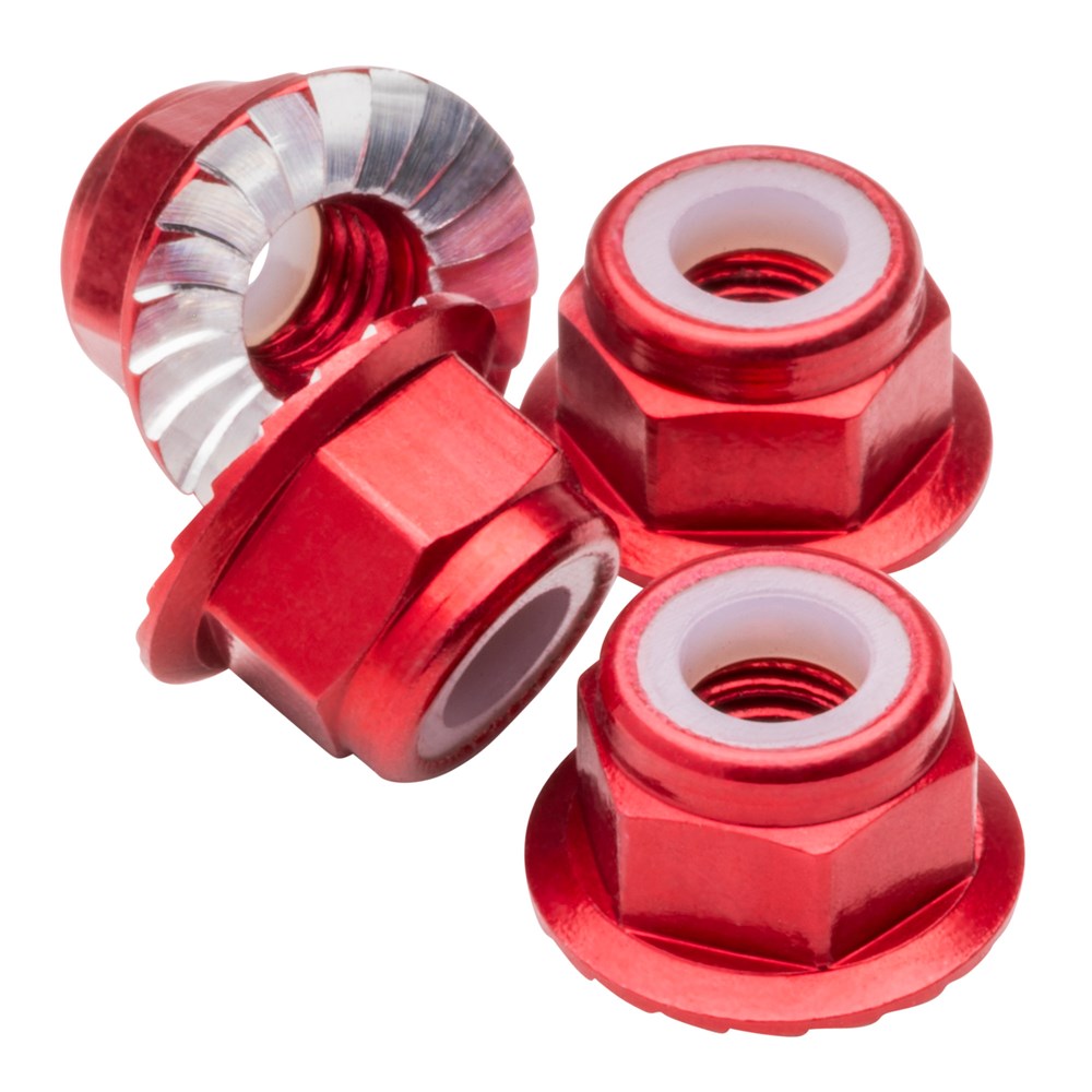 1up Racing: Premium Aluminum Locknuts M4 Flanged & Serrated - Red