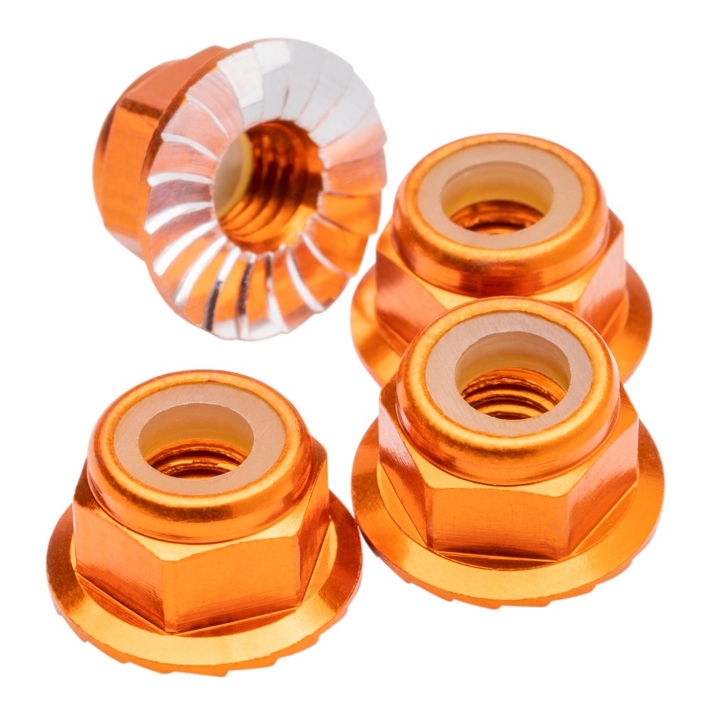 1up Racing: Premium Aluminum Locknuts M4 Flanged & Serrated - Orange