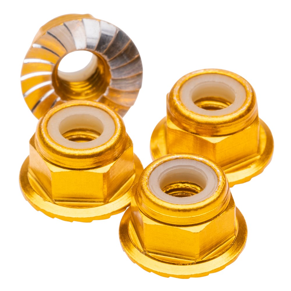 1up Racing: Premium Aluminum Locknuts M4 Flanged & Serrated - Gold