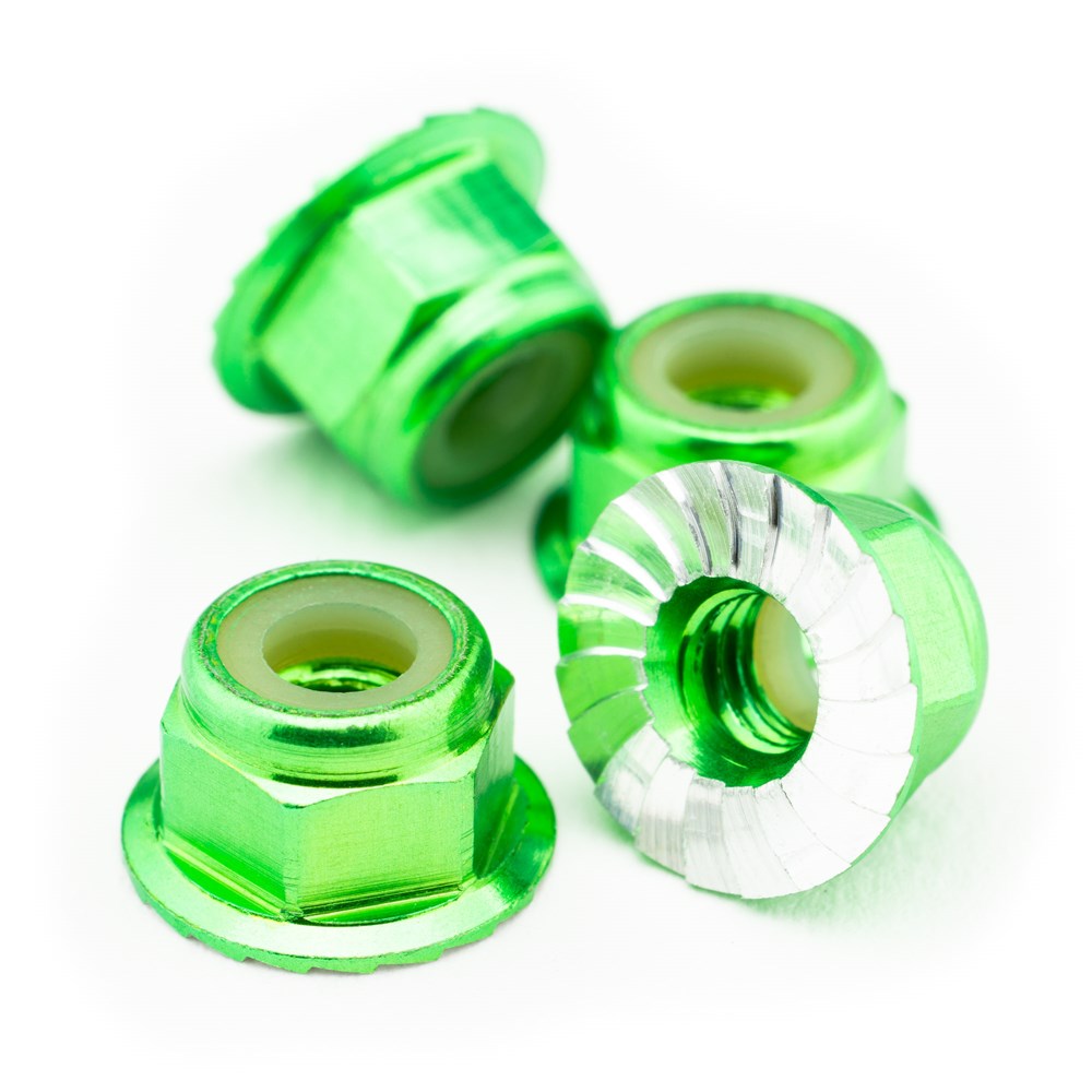 1up Racing: Premium Aluminum Locknuts M4 Flanged & Serrated - Green